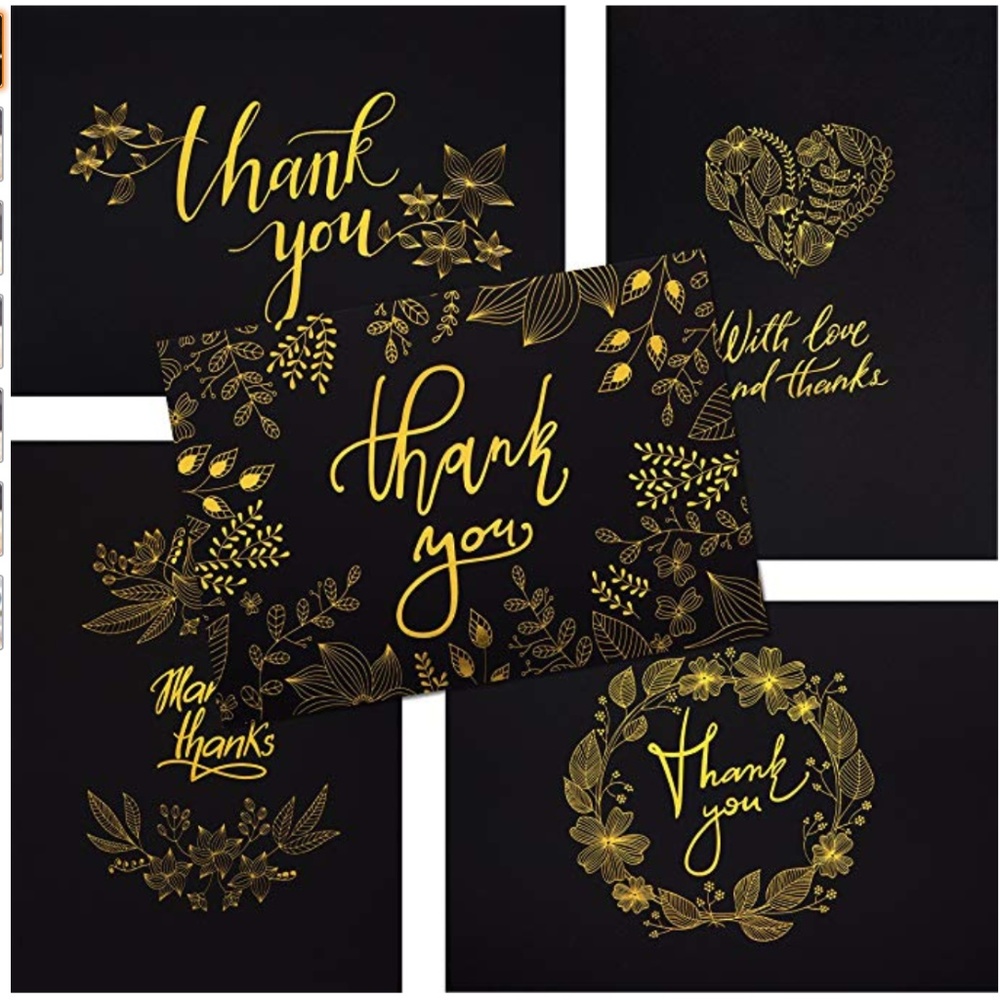 ⭐️ 100 Black Gold Foil Embossed Thank You cards